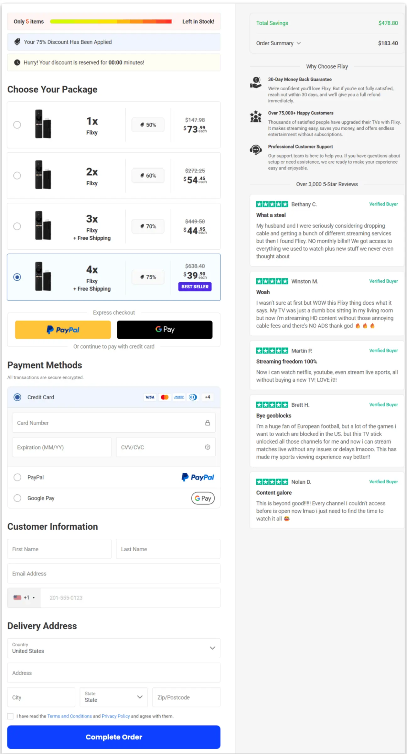 Flixy TV smart stick Secure Checkout Page